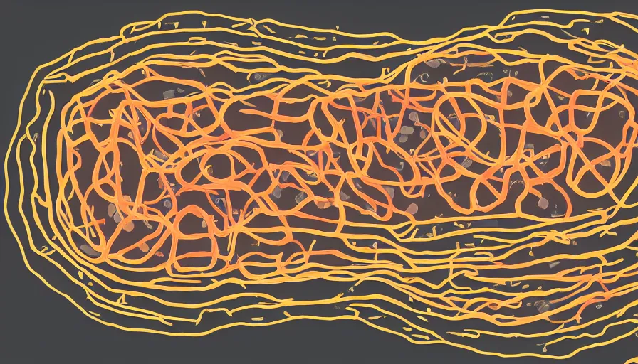 Image similar to human cell with mitochondria and all details with an overlay of black inklines