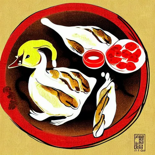 Prompt: food of roast beijing duck, digital art, style of traditional chinese painting