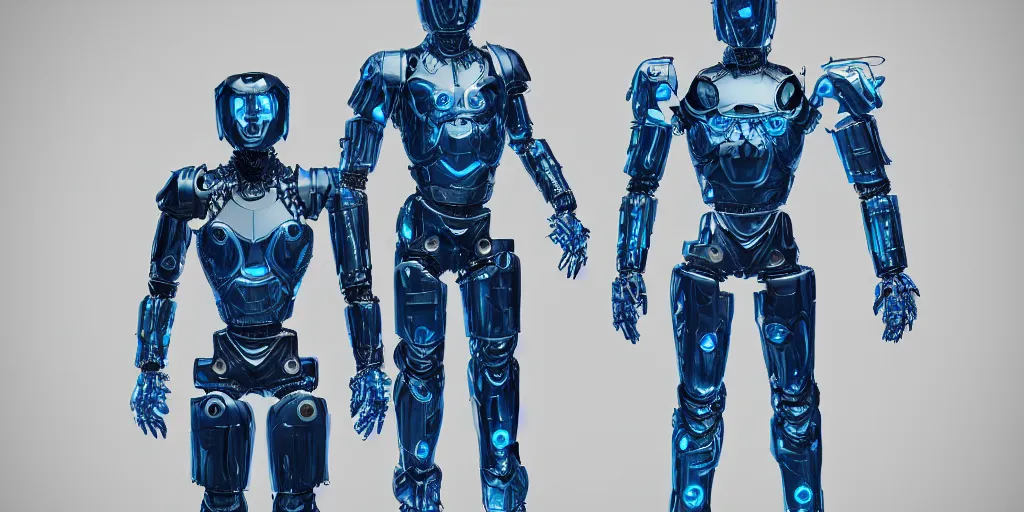 Image similar to a futuristic male humanoid robot, heavily armed, ornate armor, using a schematic blue print as a guide, photo realistic, dark fantasy, 4 k, full body