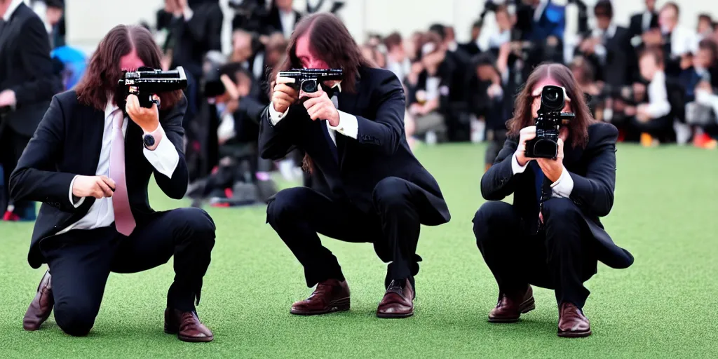 Prompt: a long hair man in suit with a gun aimed the lens while helping a jk girl squatting on the ground stand up.