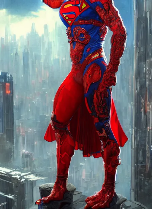 Image similar to portrait of crossfit superman!, futuristic detailed ornate cyberpunk costume!, red and black costume!!!, pale skin!, no logo!!!, painted art by tsuyoshi nagano, greg rutkowski, artgerm, alphonse mucha, spike painting