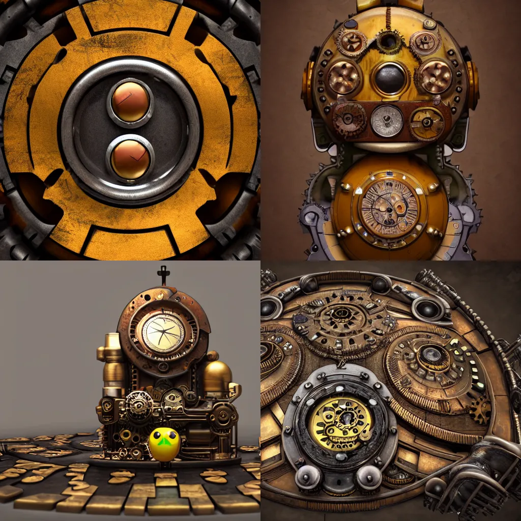 Prompt: Portrait of steampunk pacman, steam, gears, product photo, high detail, realistic octane render, raytracing