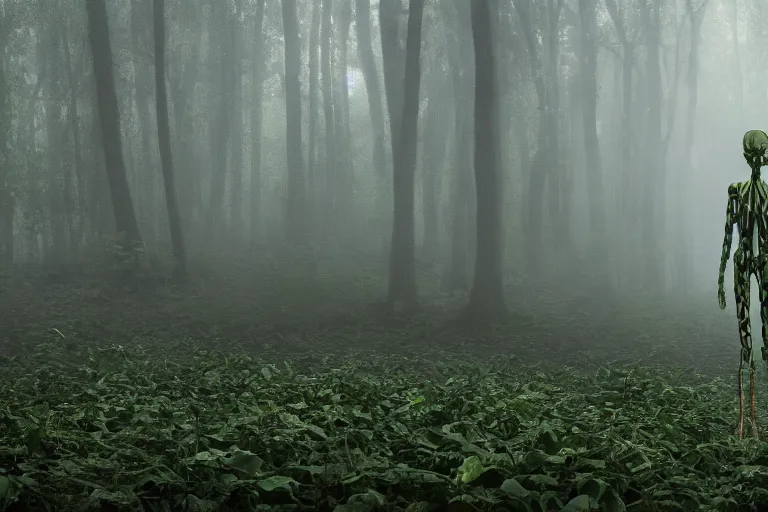 Image similar to a complex organic fractal 3 d ceramic humanoid floating in a lush forest, foggy, cinematic shot, photo still from movie by denis villeneuve