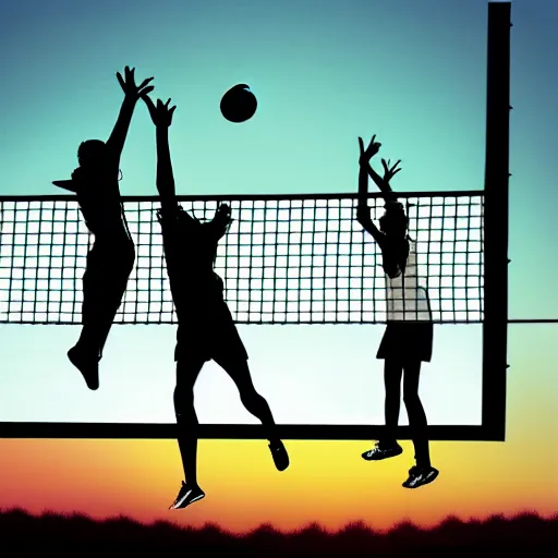 Prompt: green silhouettes playing volleyball, sports ad, white plain background