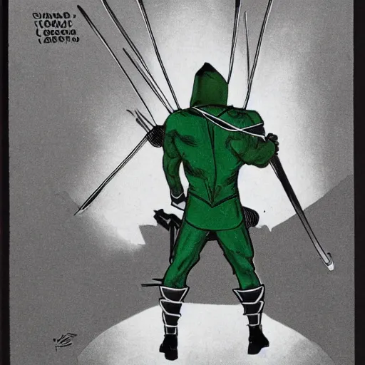 Image similar to The Green Arrow action pose, view from behind looking over shoulder, drawing an arrow from his quiver, comic book cover style