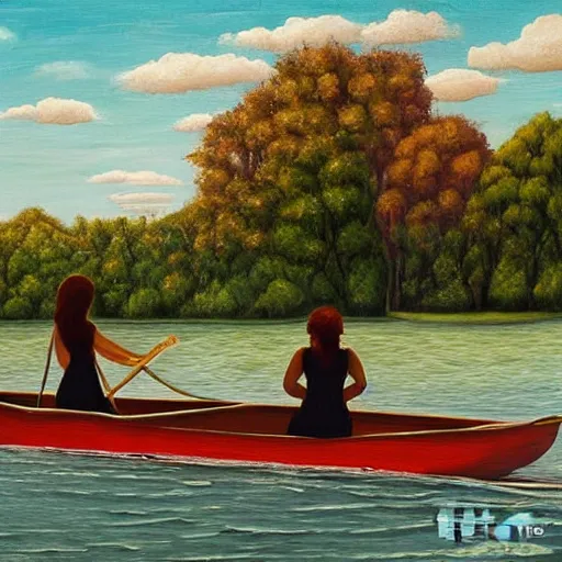 Prompt: surreal painting of a woman and a monster sitting together rowing a boat in central park
