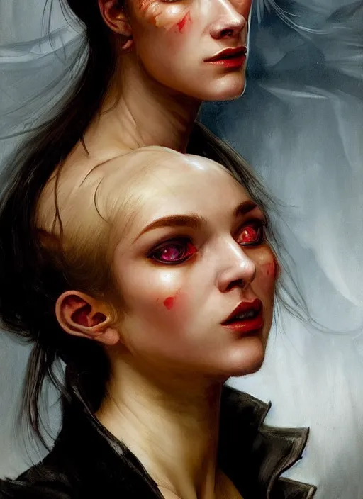 Prompt: portrait demon half human, elegant, wearing a bomber jacket, armor, hyper realistic, whitehorns, extremely detailed, dnd character art portrait, fantasy art,, dramatic lighting, vivid colors, deviant art, artstation, by edgar maxence and caravaggio and michael whelan and delacroix, lois van baarle and bouguereau