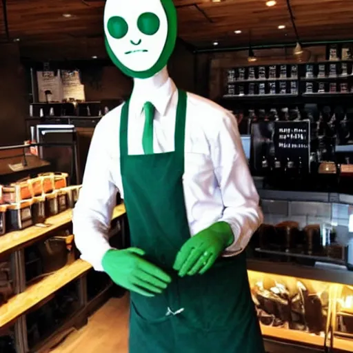 Image similar to slenderman working at starbucks.