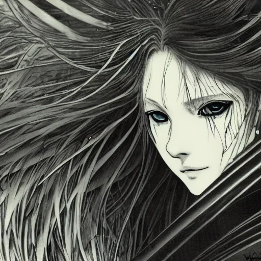 Image similar to Yoshitaka Amano realistic illustration of an anime girl with black eyes, wavy white hair fluttering in the wind and cracks on her face wearing elden ring armor with engraving, abstract black and white patterns on the background, noisy film grain effect, highly detailed, Renaissance oil painting, weird camera angle, blurred lost edges, three quarter view