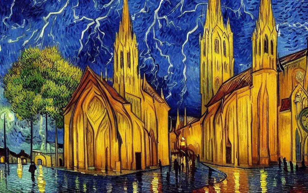 Image similar to atmospheric detailed expressionist oil painting of lightning storm over a tall gothic church, landscape painting, expressionism, blues, dramatic lighting, 8 k resolution detailed art, small brushstrokes, watercolor palette, painted by vincent van gogh