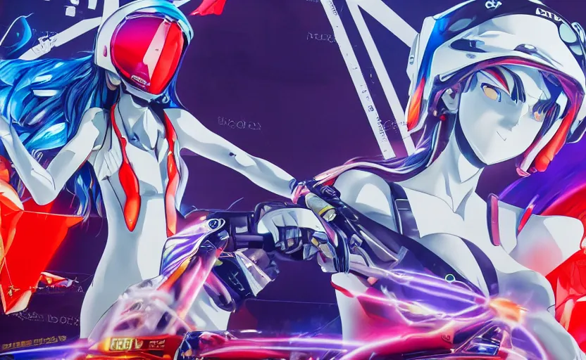 Prompt: billboard advertisement with an extremely beautiful photo of a white marble statue of an anime girl with colorful motocross logos and motorcycle helmet with closed visor, colorful smoke in the background, carved marble statue, fine art, neon genesis evangelion, virgil abloh, offwhite, denoise, highly detailed, 8 k, hyperreal