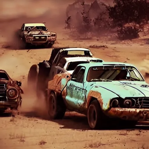 Image similar to a post apocalyptic car chase in the style of mad max, heavily modified cars, low camera angle, truck racing into camera, action photography