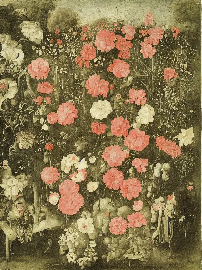 Image similar to beautiful large flowers in a garden, in the style of hieronymus bosch,