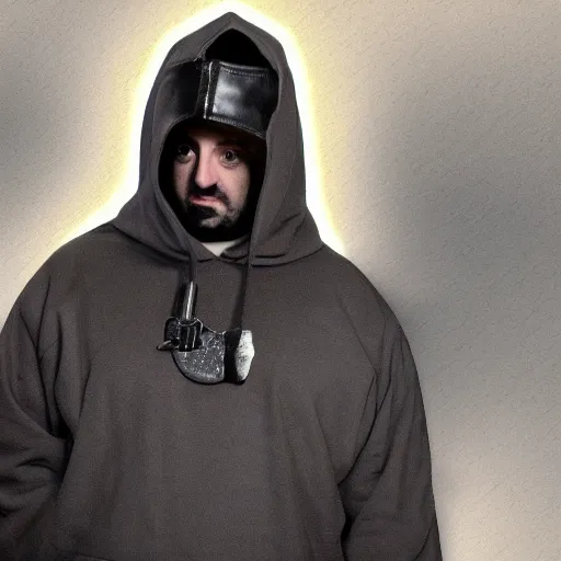 Image similar to Mike Stoklasa from Red Letter Media as a black hooded executioner