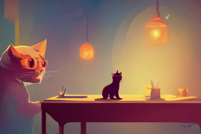 Image similar to a digital art of a godfather cat sitting by the desk, animal, light effect, highly detailed, by anton fadeev