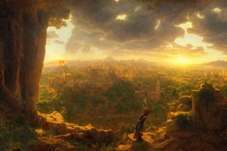 Image similar to an ultra detailed matte landscape painting of king richard the lionhearted as a shonen anime protagonist attacking jerusalem, 8 k, volumetric lighting, art by albert bierstadt and greg rutkowsi