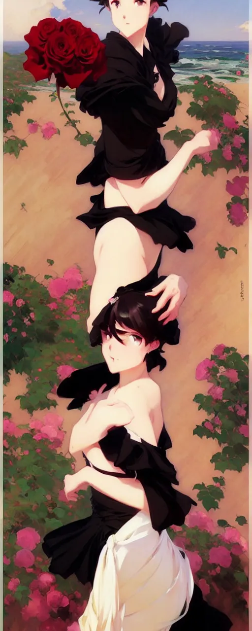 Image similar to beautiful rose anime girl in elegent black dress, krenz cushart, mucha, ghibli, by joaquin sorolla rhads leyendecker, by ohara koson