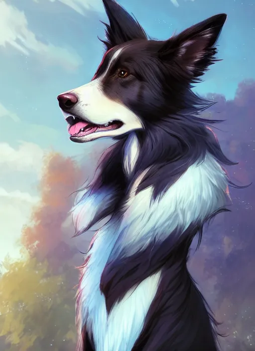 Image similar to wide angle beautiful full body portrait of a cute male anthropomorphic border collie fursona wearing a t - shirt and posing in front of a park, character design by charlie bowater, henry asencio, and ross tran, furry art, furaffinity, scenic background, beautiful, glamor pose, detailed, trending on artstation