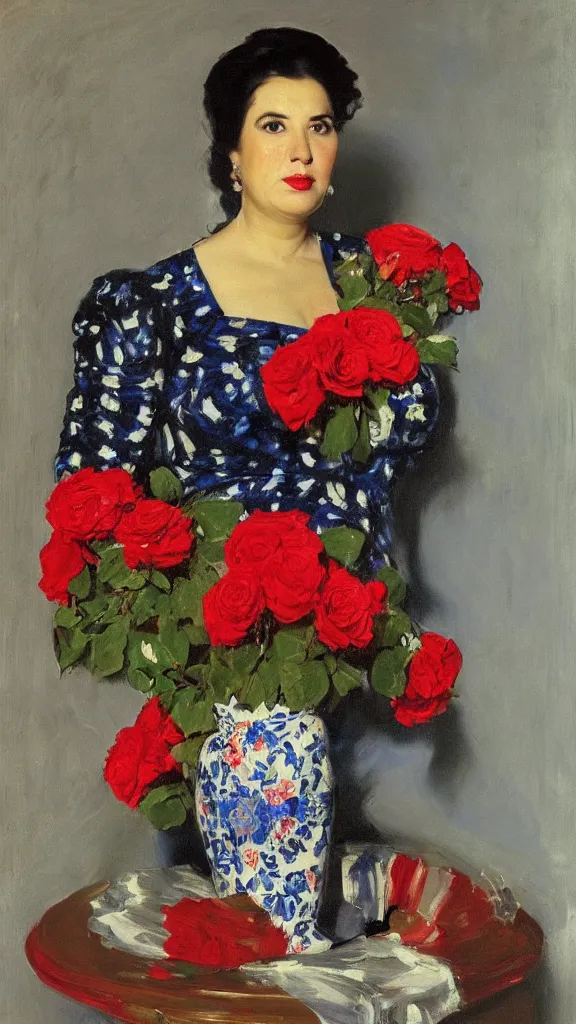 Image similar to portrait of rebekah delrio in lynch pattern, big persian detailed pot of red roses, blue and red lights painted by john singer sargent