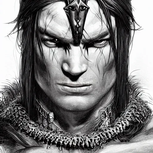 Image similar to Portrait of Conan the Cimmerian , loincloth, chainmail, axe, male, fantasy, extremely detailed, mixed media and fineliner illustration, artstation, fantasy art, smooth, sharp focus, RPG action portrait, dazzling lighting, art by Carl Critchlow, Simon Bisley and Bill Sienkiewicz , hyperrealistic character close-up, dark fantasy, foreboding atmosphere, golden ratio, hyperdetailed, highest resolution, laboriously detailed and complicated, artstation, Jia Ruan, 8k