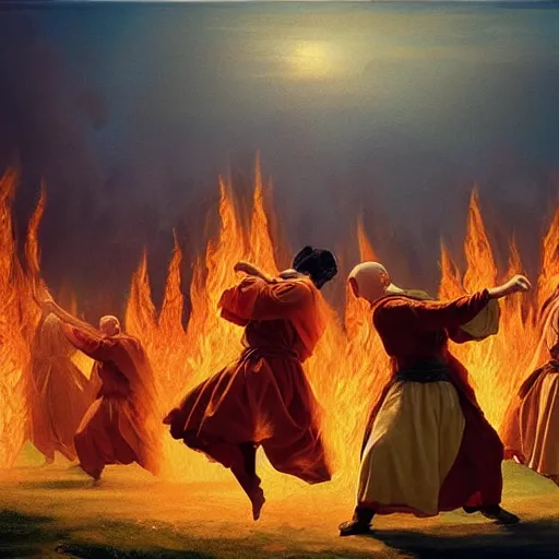 Image similar to medieval monks dancing around fire, pagan ritual, painting by Frederic Edwin Church, octane rendering, warm moody lighting, wide angle lens, in the style of Pixar, fire fills the sky,