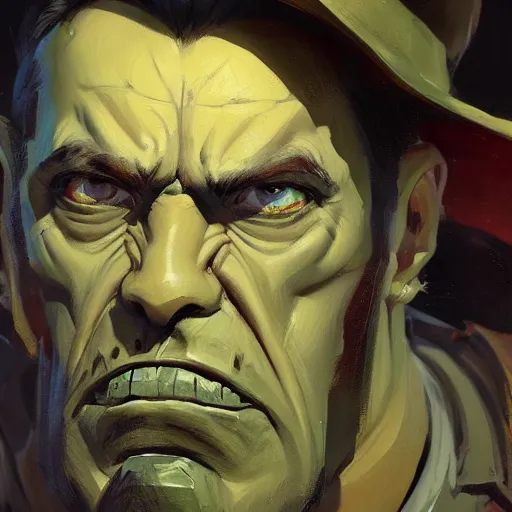 Image similar to greg manchess close - up portrait painting of a handsome older male dieselpunk orc with olive green skin as an overwatch character, medium shot, asymmetrical, profile picture, organic painting, sunny day, matte painting, bold shapes, hard edges, street art, trending on artstation, by huang guangjian and gil elvgren and sachin teng