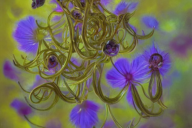 Prompt: beautiful macro photograph of an alien flower with iridescent petals | feathered tendrils | by Donato Giancola and Vermeer | subsurface scattering | soft pale colors | featured on Artstation