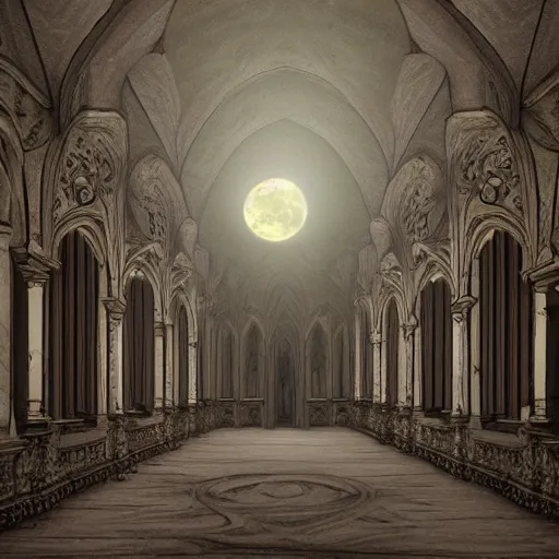 Prompt: large gothic hall with large moon on the ceiling, horror movie, soft light, artstation, detailed, colorfull