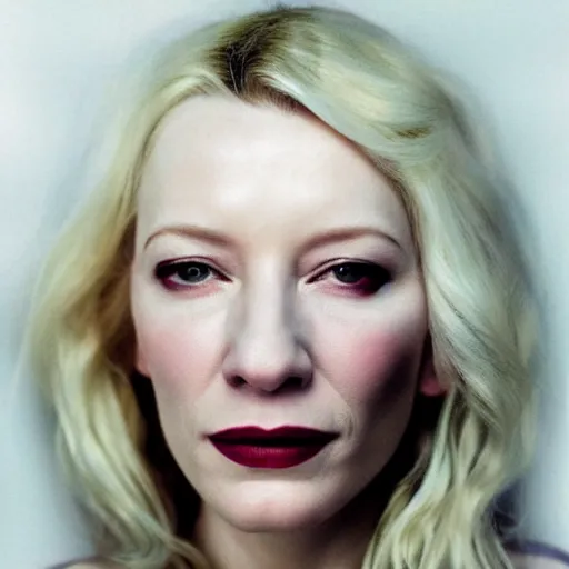 Image similar to realistic expired kodak film portrait of albino kate blanchett mix, hyperrealism, hypermaximalism, photorealistic, detailed, atmospheric, 8 k, award winning photography, cinematic