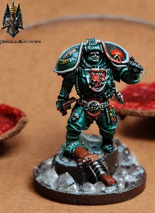 Image similar to 8 0 mm resin detailed miniature of a warhammer 4 0 k marine drinking beer and eating pizza, product introduction photos, 4 k, full body,