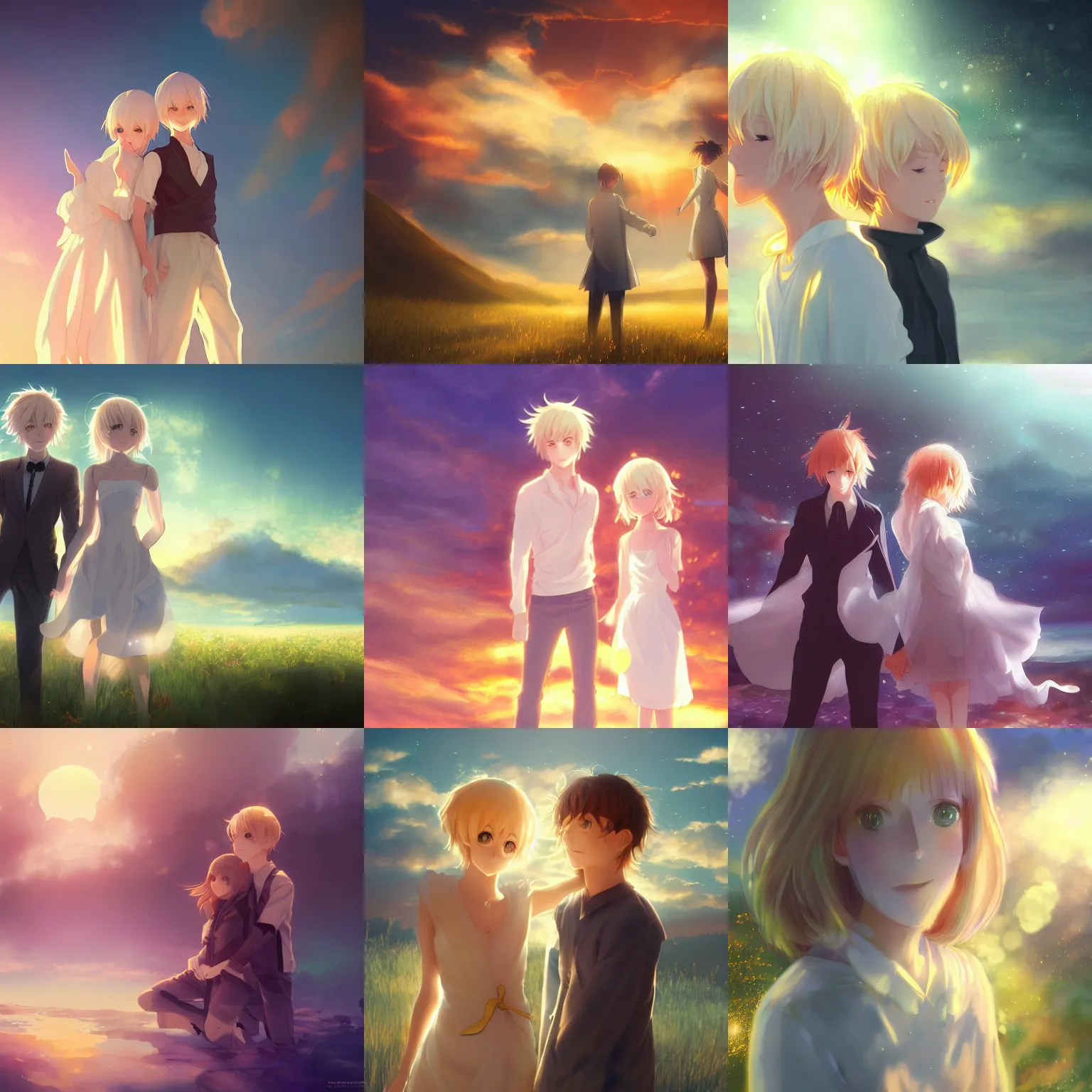 Prompt: A full body portrait of twin brother and sister with golden short hair, white wearing, digital art, fantasy art, volumetric lighting, dreamy and ethereal, sunset, art by Shinkai Makoto ,Kyoto Animation, anime illustration, trending on Pixiv.