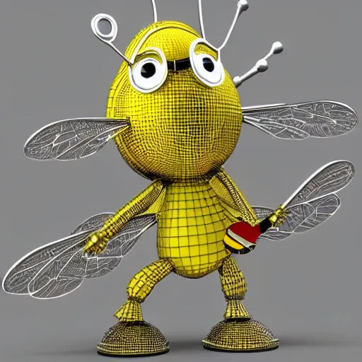 Prompt: 3d bee made of metal, shiny, playing drums onstage like Ringo Starr