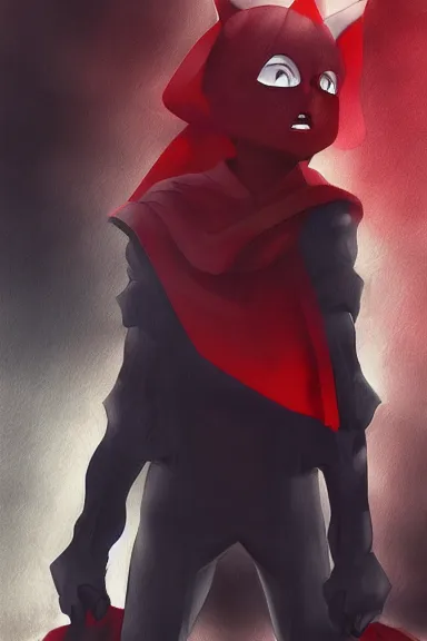 Image similar to little boy with cat ears in an black outfit with red cape. digital artwork made by lois van baarle and kentaro miura and marc simonetti, sharpness focus, inspired by hirohiko araki, anatomically correct, heroic composition, hero pose, smooth