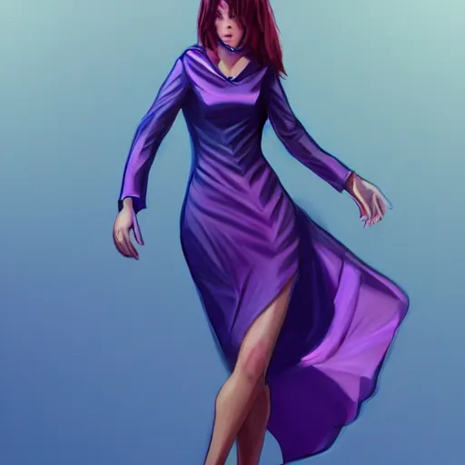 Image similar to a woman wearing a purple and blue dress, full body shot, red hair, highly detailed, digital painting, artstation, concept art, smooth, sharp focus, illustration