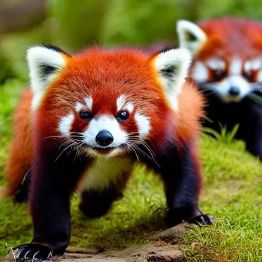 Prompt: army of red pandas! ready for battle