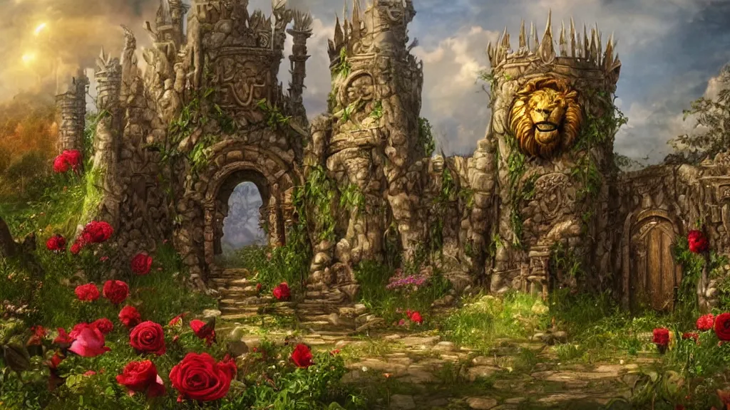 Image similar to A giant medieval fantasy gate with an gold carved lion face at the center in the middle of a beautiful fantasy landscape, vines with thorns around the gate, roses and all kinds of flowers, vivid vegetation, pastel color tones, clear clean, HD, illustration, epic, fantasy, intricate, elegant, highly detailed, digital painting, artstation, concept art, smooth, wallpaper, digital 2D, painterly style, high contrast, golden ratio, rule of thirds, Studio Ghibli, art by artgerm and greg rutkowski and alphonse mucha and jin xiaodi