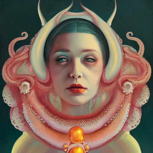 Image similar to queen of octopus, portrait, pink and gold, nouveau, beautiful, by Anato Finnstark, Tom Bagshaw, Brom