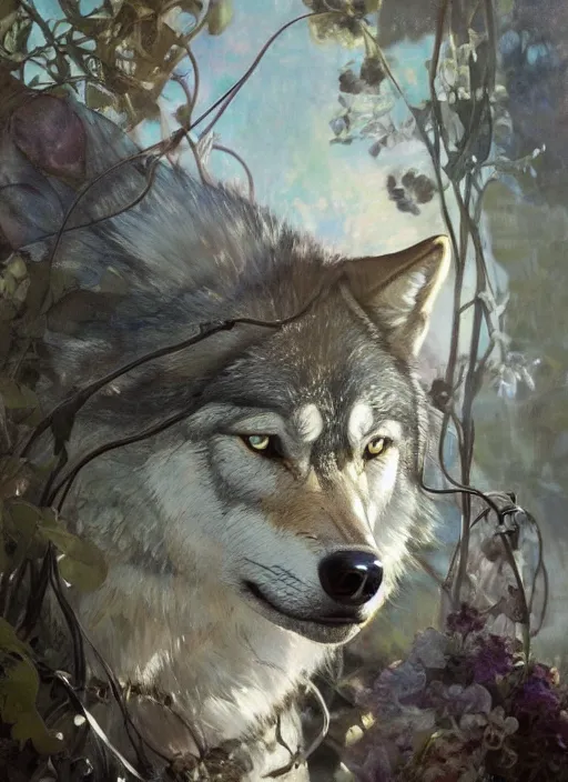 Prompt: wolf hyperrealistic portrait, surrounded by silver wires and white nightshade flowers, by jeremy mann and alphonse mucha, fantasy art, photo realistic, dynamic lighting, artstation, poster, volumetric lighting, dramatic light, very detailed faces, 8 k, award winning