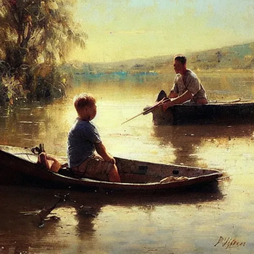 Prompt: painting of dad and son thinking together in boot on a calm lake, by pino daeni