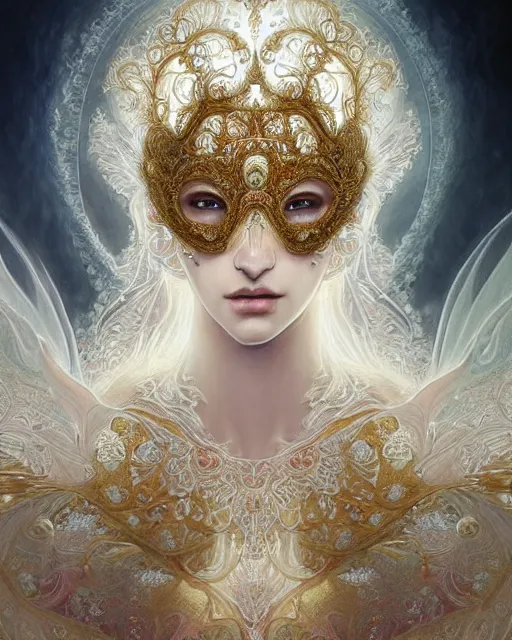 Image similar to beautiful ethereal maiden in a ivory masquerade mask intricate ornate fractal-lace and gemstones, wearing stunning ivory dress, ivory gold iridescent, full view, soft lighting, vivid, Hyperdetailed, 4k hd matte painting by Artgerm, Greg Rutkowski, Klimt, James Jean, 8k resolution, enchanting and otherworldly, Artstation, CGsociety, detailed, front view