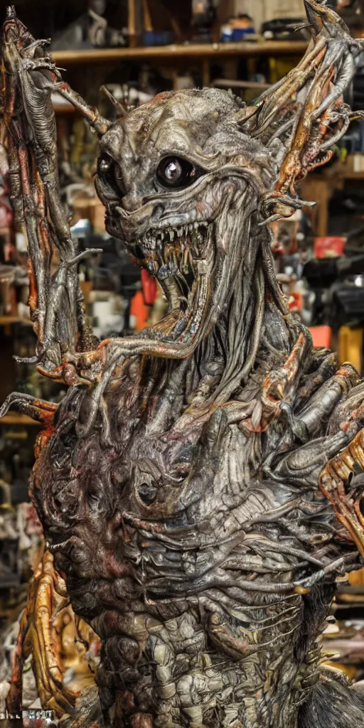 Image similar to photo taken of an epic intricate, ultra detailed, super realistic gritty, hero prop, exquisitely painted animatronic movie prop of a grotesque nightmarish hellish alien creature displayed in the workshop, created by weta workshop, full body shot, photorealistic, sharp focus