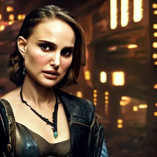 Image similar to a high quality portrait of natalie portman as a pirate in a cyberpunk cyberpunk cyberpunk cafe, realism, 8k, award winning photo