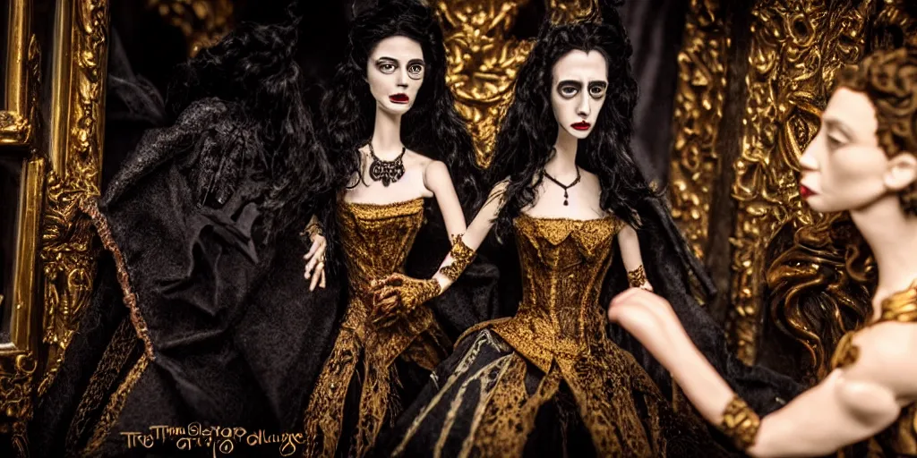 Image similar to photo taken of an epic intricate, ultra detailed, super realistic stop motion puppet of a majestic gracious regal aristocratic brunette female vampire and an indoor gothic filmset created by weta workshop and tim burton, menacing, wide angle, full body shots, photorealistic, sharp focus, gloomy, extremely cold blueish colour temperature, 3 5 mm, f 1. 4, golden ratio