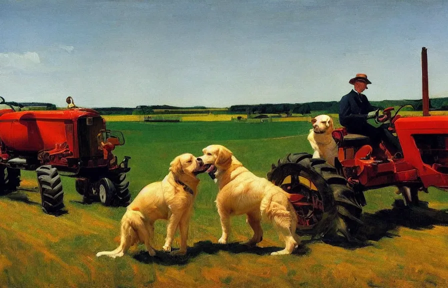 Prompt: a golden retriever driving a tractor, american realism style, edward hopper, george bellows, bo bartlett, jamie wyeth