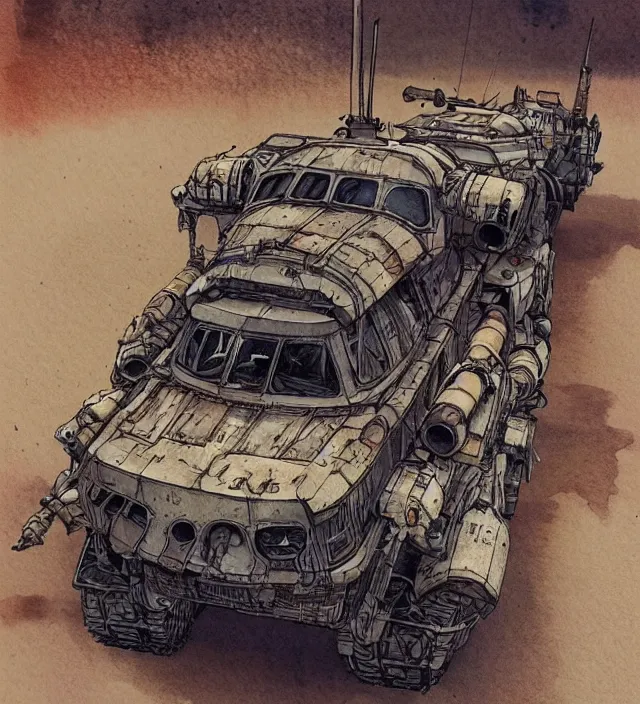 Image similar to a 3 / 4 view watercolor ink painting of a post - apocalyptic mad max / fallout style tank in the style of jean giraud in the style of moebius trending on artstation deviantart pinterest detailed realistic hd 8 k high resolution