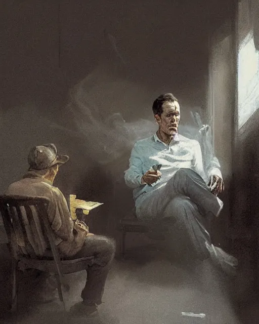 Prompt: a highly detailed epic cinematic concept art CG render digital painting artwork: Henry Fonda as a 1950s tired poet, barefoot, smoking a cigarette. volumetric lighting. By Greg Rutkowski, in the style of Francis Bacon and Syd Mead and Norman Rockwell and Beksinski, open ceiling, highly detailed, painted by Francis Bacon and Edward Hopper, painted by James Gilleard, surrealism, airbrush, Ilya Kuvshinov, WLOP, Stanley Artgerm, very coherent, triadic color scheme, art by Takato Yamamoto and James Jean