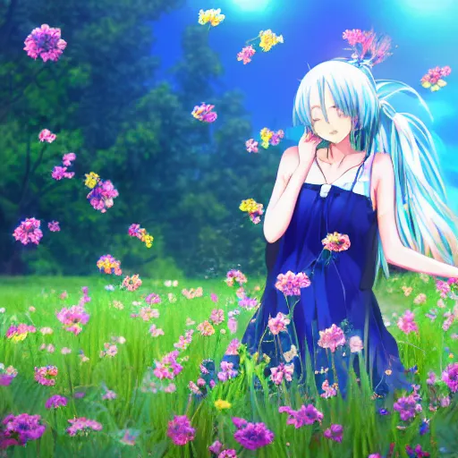 Image similar to Anime girl with cobalt blue hair and a side bun wearing a sun dress in a scenic field of flowers, trending on pixiv, very very beautiful, 4k