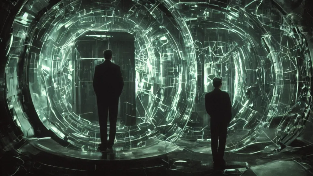 Image similar to movie scene of a man standing in front of a multiverse machine, movie still, cinematic composition, cinematic light, pastel color scheme, by david lynch and andrzej zuławski