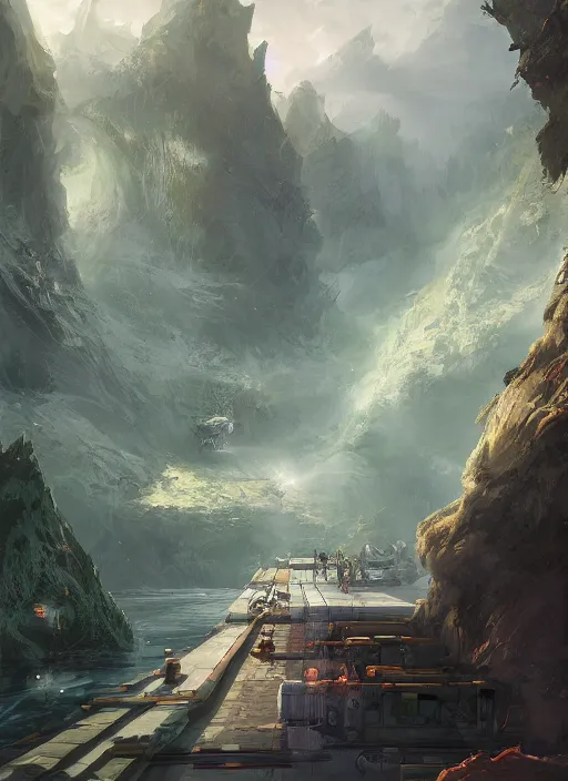 Image similar to A beautiful digital painting of a sci-fi landing platform, crystal lake, lovely valley by Stanley Artgerm Lau, Rossdraws, James Jean, gerald brom, Andrei Riabovitchev, Marc Simonetti, and Sakimichan, trending on artstation