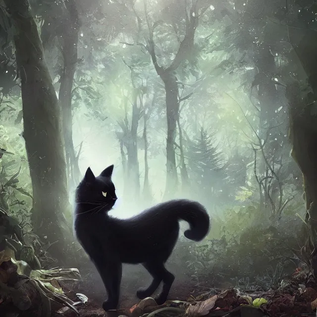 Prompt: a beautiful painting of a single cute black cat in a forest. pixar character design by cory loftis, fenghua zhong, ryohei hase, ismail inceoglu and ruan jia. artstation, volumetric light, detailed, photorealistic, rendered in octane